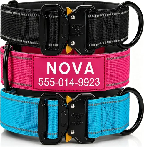 Miniatura 10 de Collar táctico personalizado para perros grandes, collar militar resistente con nombre, hecho de nailon grueso y hebilla de metal fuerte para una