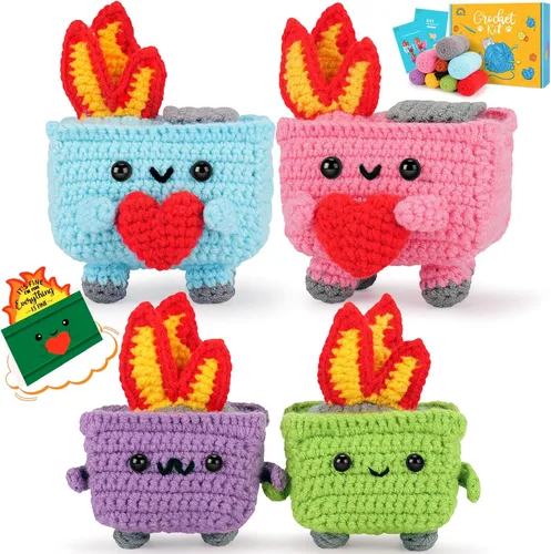 Kit de ganchillo para principiantes, kit de inicio de ganchillo de fuego de 4 piezas con tutoriales en video paso a paso, soporte emocional positivo