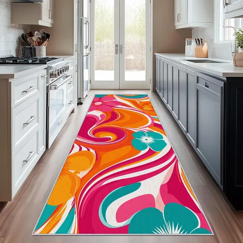 Miniatura 9 de Alfombra de pasillo de 2 x 4 pulgadas, tamaño pequeño, diseño floral retro de los años 70, antideslizante, lavable, alfombra de decoración del hogar