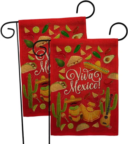 Viva Mexico Burlap Garden Flags 2pcs Pack Summertime Cinco de Mayo Party Cactus Pinata Sombrero Mexican Fiesta Outdoor Small Decorative Gift Yard