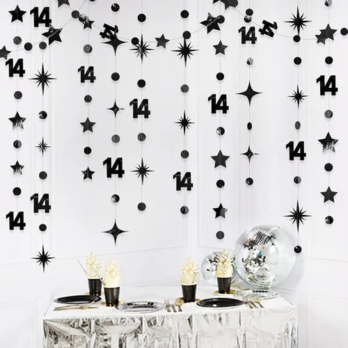 Miniatura 4 de Decoración de cumpleaños número 14, color negro, con número 14, guirnalda de estrellas con puntos circulares, metálica, para colgar banderines