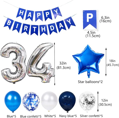 Miniatura 5 de Decoración de fiesta de cumpleaños de 34 años, color azul y plateado para hombres, pancarta de feliz cumpleaños número 34, globos de papel de 34th
