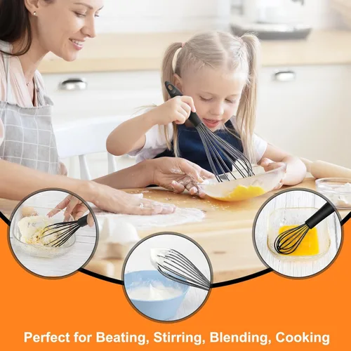 Miniatura 4 de HOTEC Juego de 4 batidores de silicona, batidores de alambre para cocinar huevos, batidor de mango antideslizante para utensilios de cocina