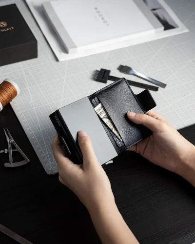 Miniatura 7 de VULKIT Tarjetero de cuero con bloqueo RFID, billetera desplegable automática con bloqueo RFID, cartera magnética para tarjetas doble para hombres