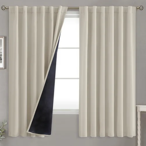 Miniatura 35 de BGment Cortinas 100% opacas beige de 63 pulgadas de largo con forro aislante térmico, bolsillo para varilla y lengüeta trasera de doble capa