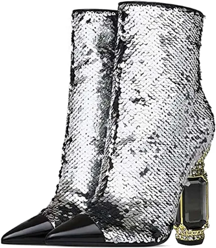 Miniatura 113 de FSJ Botas de tacón alto con punta puntiaguda para mujer, con tacón alto, con cremallera lateral brillante, estilo casual, para uso diario, zapatos