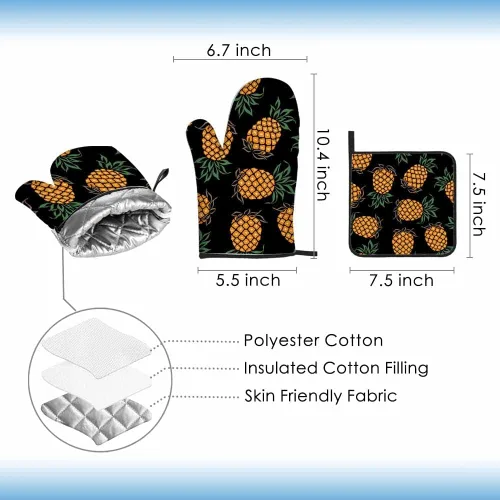 Miniatura 2 de Juego de manoplas de horno y soportes para ollas de piña, frutas tropicales, arte exótico hawaiano, resistente al calor, 3 piezas para cocinar