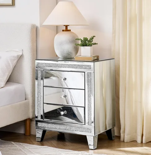 Miniatura 9 de Henf Elegante mesita de noche de espejo con borde dorado plateado con 3 cajones, mesa de acento de espejo con perilla de cristal, mesa auxiliar