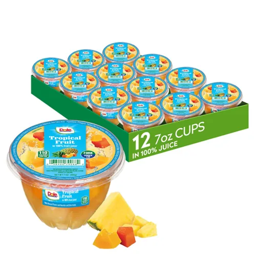 Dole Cuencos de frutas tropicales en aperitivos 100% de jugo, 7 onzas, 12 tazas en total, sin gluten y lácteos, aperitivos a granel para niños y