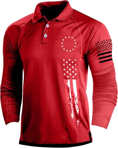 Miniatura 8 de Camisa polo de manga larga con bandera estadounidense para hombre, cuello gráfico patriótico, camiseta de golf, moderna, casual, cuello en V, tops