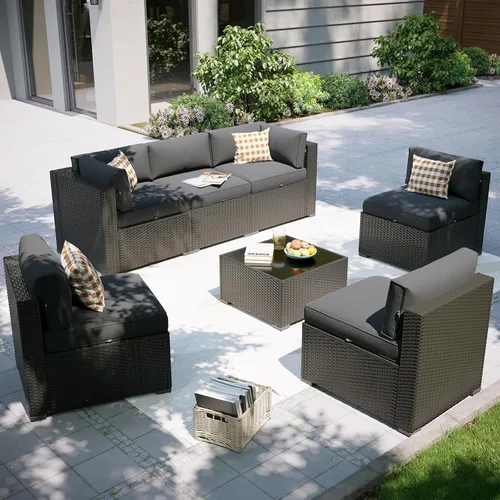 Miniatura 30 de Aoxun Juego de muebles de patio, 7 piezas de sofás seccionales para exteriores con funda impermeable, mimbre de ratán para exteriores, juego