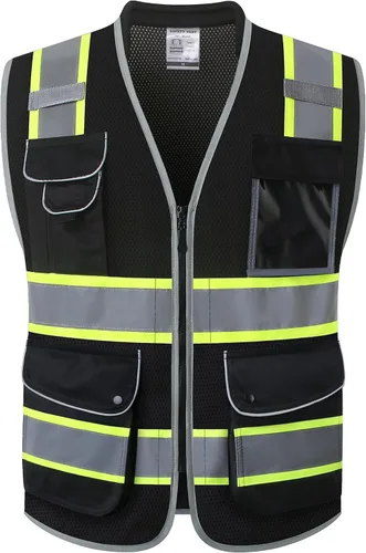 JKSafety - Chaleco de alta visibilidad de 9 bolsillos en negro para hombres y mujeres, chaleco reflectante de alta visibilidad de malla de