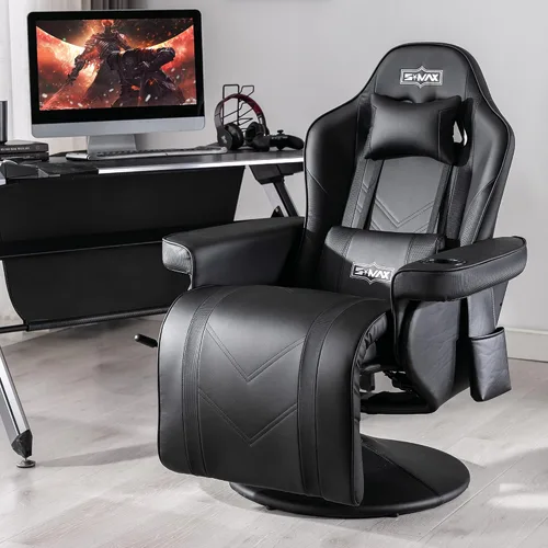 Miniatura 2 de S*MAX Silla reclinable para juegos para adultos, estilo carreras, ergonómica, con respaldo alto, giratoria, de piel sintética, con respaldo Negro