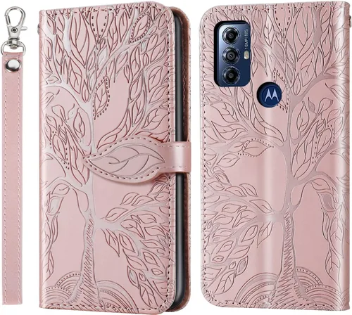 Miniatura 22 de Funda tipo cartera con tapa para Motorola Moto G Stylus 5G 2023, piel sintética, oro rosa, tarjetero y cierre magnético, función atril