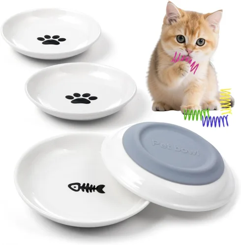 Cuencos de cerámica para comida de gato para gatos y gatitos de interior, 4 lindos cuencos para alimentación de gatos, platos poco profundos de