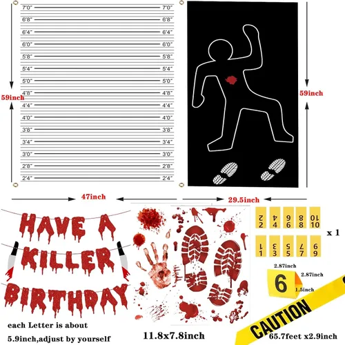 Miniatura 4 de Kit de decoración de escena del crimen de Halloween, cartel de cumpleaños con texto en inglés "Have a Killer", silueta corporal, cinta de escena