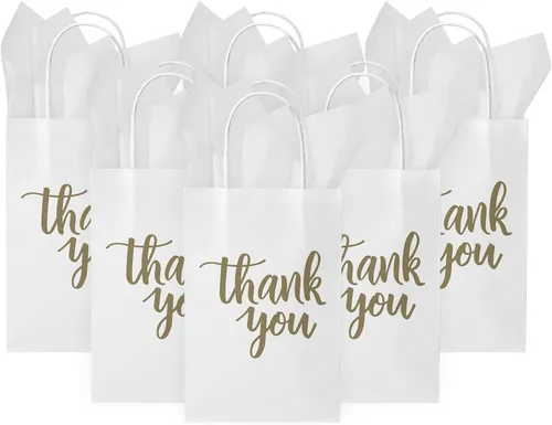Miniatura 14 de DjinnGlory Paquete de 50 pequeñas bolsas de regalo de papel rosa con asas de 9 x 5.5 x 3.15 pulgadas y 50 papel de seda rosa para recuerdos