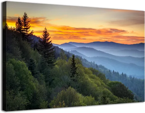 Arte de pared de montaña al atardecer para sala de estar, imagen de montaña Blue Ridge de la naturaleza, impresiones en lienzo del paisaje del Gran