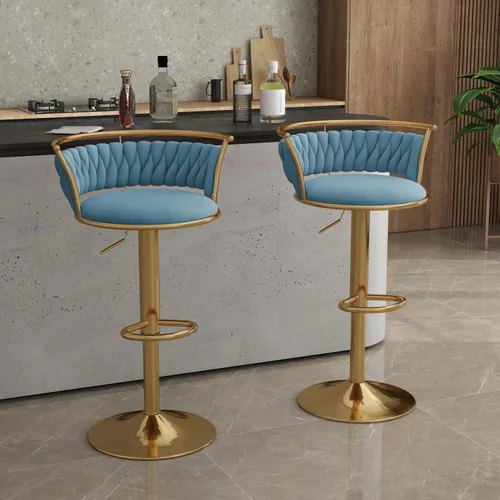 Miniatura 42 de Juego de 2 taburetes de bar giratorios de 360°, silla de bar de terciopelo ajustable a altura de mostrador moderna, taburete de metal plateado