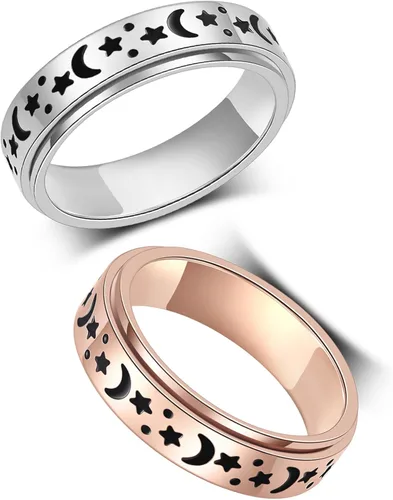 Miniatura 9 de Anillo de ansiedad para mujer, anillos giratorios: anillos giratorios de acero inoxidable de 0.236 pulgadas (0.236 in) con luna y estrella