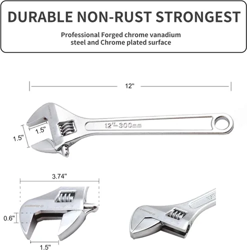 Miniatura 3 de Llave ajustable de 12 pulgadas Herramienta de mano profesional CR-V Llave de media luna de acero