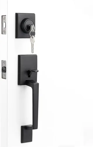 PexFix Juego de manijas de puerta delantera, juego de cerraduras de puerta de entrada, color negro mate, con cerrojo de un solo cilindro y manija de