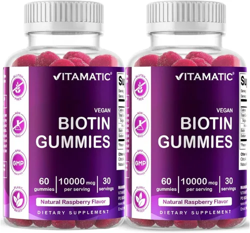 Vitamatic Gomitas de Biotina 10,000 mcg para Cabello, Piel y Uñas Más Fuertes - 60 Gomitas Veganas - También Llamada Vitamina B7 (2 Frascos)