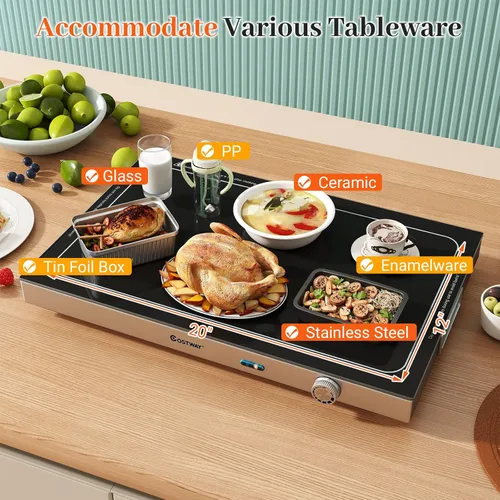 Miniatura 4 de COSTWAY Bandeja de calentamiento eléctrica con temperatura ajustable y asas integradas, calentador de alimentos con parte superior de vidrio
