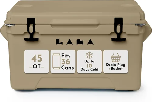 Laka Cooler – 45 Quart Rotomolded Hard Cooler, Insulated Ice Chest Holds 36 Cans/45 lb Ice, Up to 10 Days Cold, Drain Plug + Basket, Non-Slip Feet,