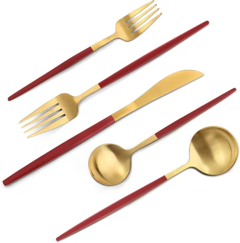Miniatura 13 de VANVRO Juego de cubiertos color dorado champán, juego de cubiertos de acero inoxidable de 60 piezas, juego de cubiertos mate para 12, cubiertos