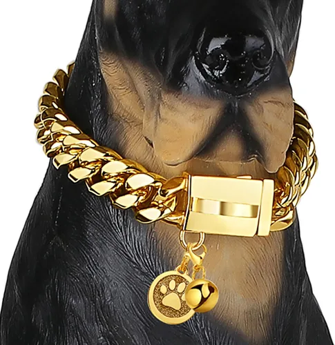 Miniatura 9 de Collar de cadena para perro, collar de perro de eslabones cubanos de oro de 0.551 in con hebilla a presión, collares de acero inoxidable chapado