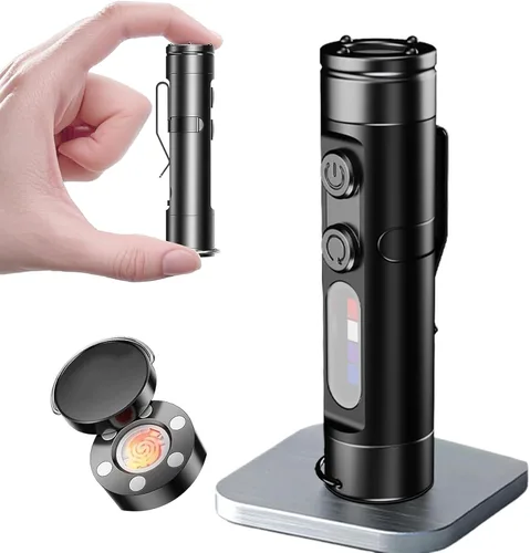 Linterna EDC Recargable de Bolsillo: Luz de Llavero Mini de 500 Lúmenes con Encendedor de Fuego y Rompeventanas, 3 Luces Laterales de Color, para