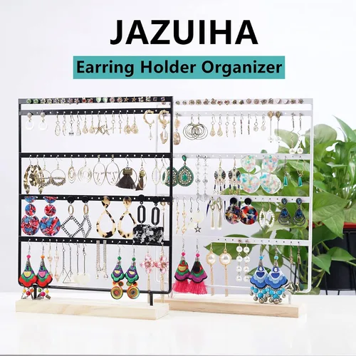 Miniatura 2 de JAZUIHA Organizador de aretes de 5 capas con 100 agujeros para orejas soporte de exhibición de aretes base de madera organizador de joyas