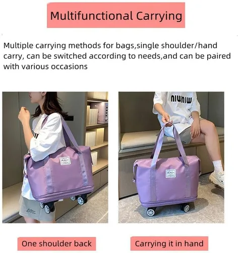 Miniatura 5 de Bolsa de equipaje plegable de doble capa, expandible, gran capacidad, separación seca y húmeda, bolsa de lona con ruedas, Rosado, Moda