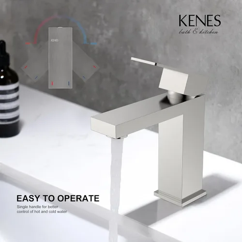 Miniatura 4 de KENES Grifo de lavabo de baño de una sola manija, grifo de tocador de níquel cepillado para fregadero de baño, con tapón de drenaje desplegable