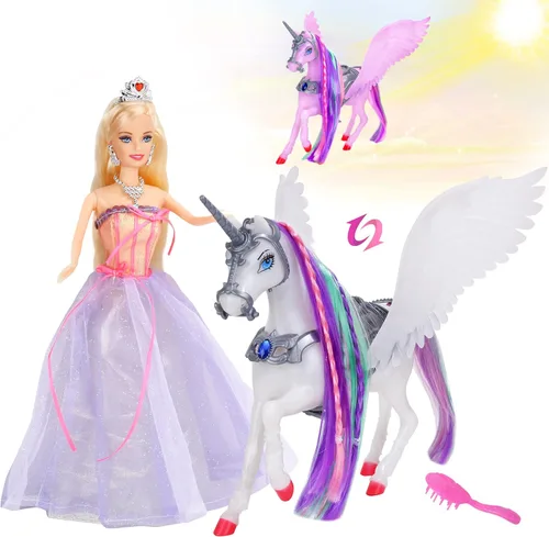 Miniatura 9 de BETTINA Juego de muñecas de princesa unicornio con luz mágica, juguetes de unicornio para niñas, juguete de caballo con melena y cola, juguetes