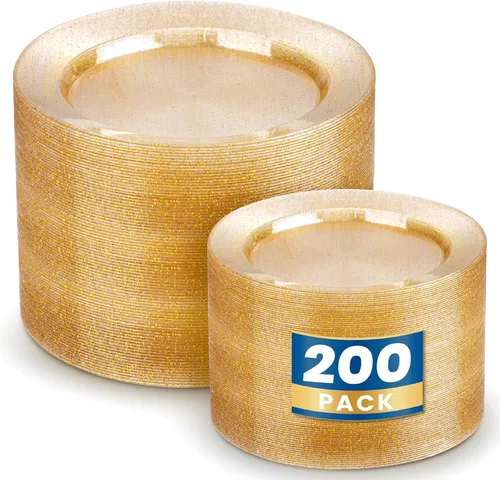 Miniatura 15 de WDF 50 platos de plástico dorado con cubiertos desechables y vasos de plástico dorados, platos de plástico cuadrados, utensilios de plástico dorado