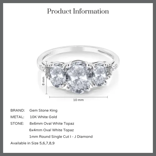 Miniatura 10 de Anillo de compromiso ovalado de oro blanco de 10 quilates con piedra natal y topacio blanco de 3 piedras con detalles de diamante Centro de 0.315