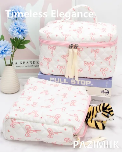 Miniatura 5 de PAZIMIIK - Bolsa de maquillaje de algodón para mujer, grande, acolchada para viaje, Rosa (Bow Pink), Vintage