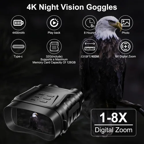Miniatura 2 de Gafas de visión nocturna infrarroja 4K para adultos, zoom digital 8X, pantalla TFT de 3 pulgadas, luz IR ajustable, tarjeta de 32 GB para fotos