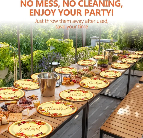 Miniatura 6 de Qyeahkj 50 PCS Platos de Papel Ovalados de Acción de Gracias Grandes 11" Heavy Duty Desechables Give Thanks Platos Decoraciones de Fiesta de Otoño