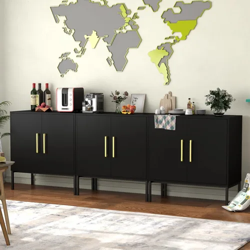 Miniatura 14 de JOZZBY Aparador de buffet con almacenamiento, gabinete de madera moderno con estantes ajustables, gabinetes negros y dorados para sala de estar