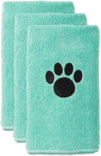 Bone Dry Pet Drying Collection - Juego de toallas de microfibra bordada para mascotas, 15 x 30, color aguamarina con huella de pata negra, S, 3
