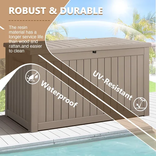 Miniatura 5 de Devoko XXL - Caja grande de resina de 230 galones, impermeable, para exteriores, para muebles de patio, cojines y herramientas de jardín Marrón claro