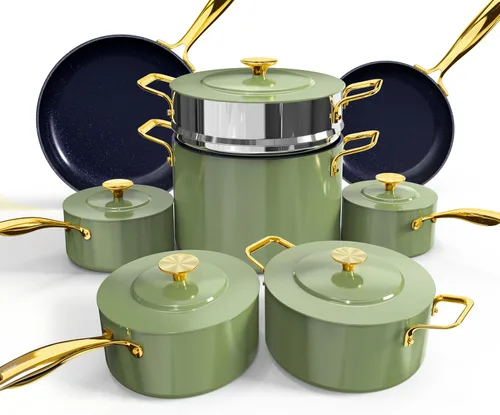Nuwave Lux LE - Juego de utensilios de cocina de 13 piezas con elegante mango dorado, cerámica antiadherente con infusión de diamante, sin PFAS,