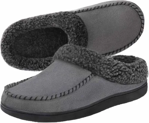 ULTRAIDEAS Mens Moccasin Slippers with Memory Foam Insole Slip on House Slippers Warm Faux Sherpa Lining House Shoes Clog with Nonslip Rubber Sole