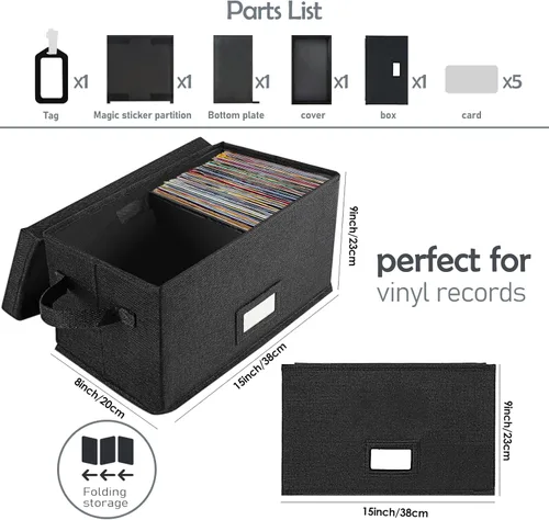 Miniatura 5 de Woodoulogy Caja de almacenamiento de discos de vinilo para LPs de 7 pulgadas/45 RPM, caja negra con tapa con capacidad para hasta 80 álbumes