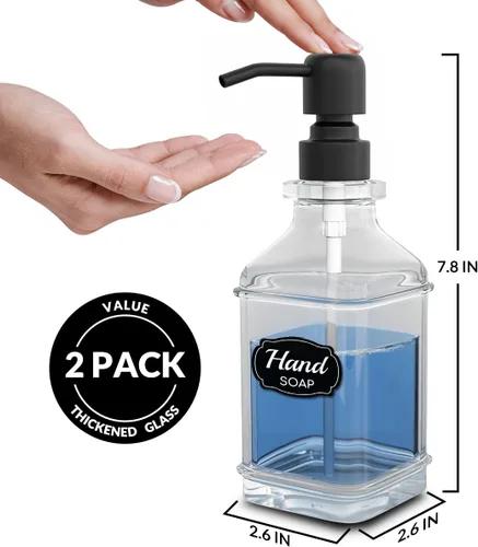 Miniatura 3 de LMQML - Dispensador de jabón - paquete de 2 dispensadores de jabón de manos de vidrio grueso, diseño antiguo, con bandeja resistente; bomba negra