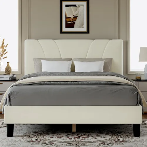 Miniatura 17 de Novilla Base de cama de tamaño matrimonial con plataforma de cabecera ajustable, base de cama matrimonial con cabecera tapizada de tela de lino,