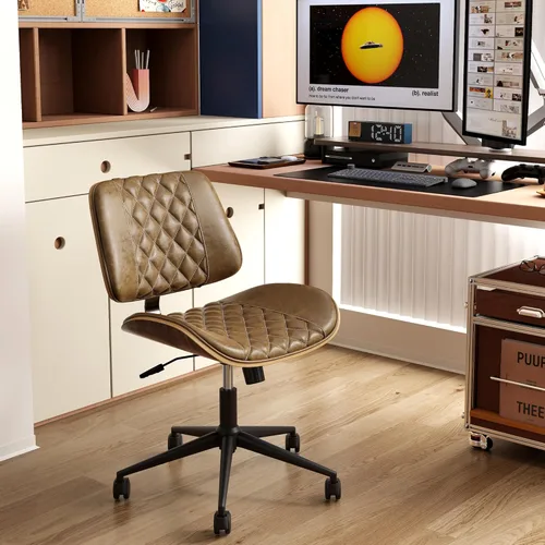 Miniatura 11 de Silla de oficina en casa, sin brazos con ruedas, silla de escritorio pequeña de altura ajustable sin brazos, silla de computadora de piel sintética